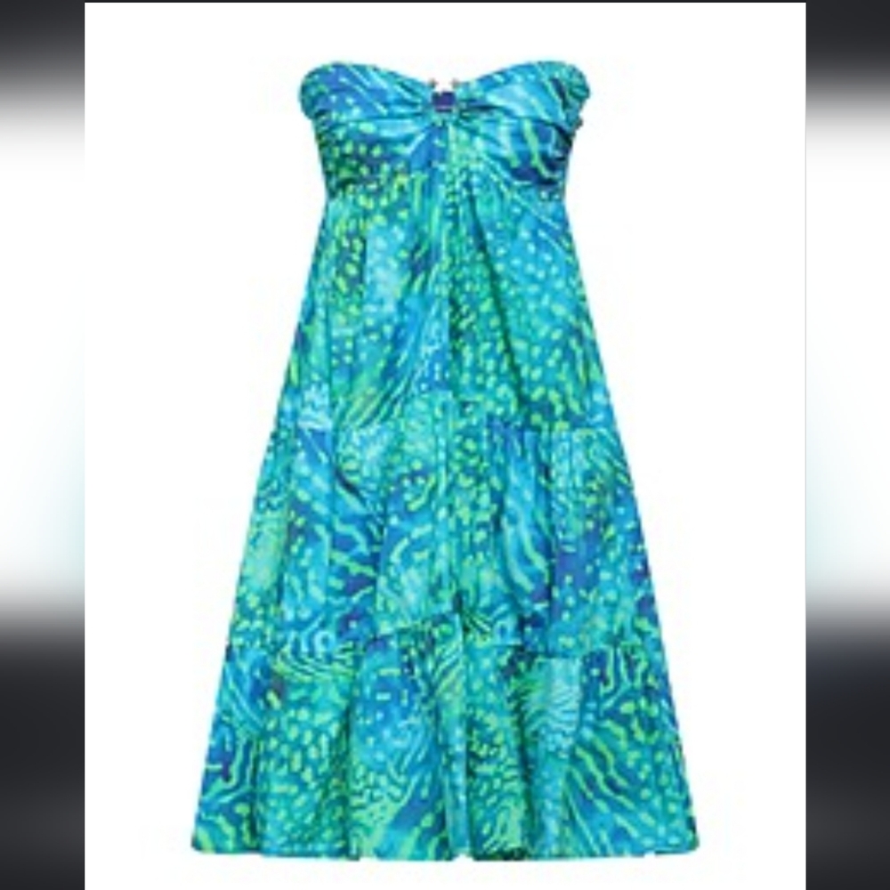 Strapless, A Line Blue/ Green Floral Dress Sz M - L